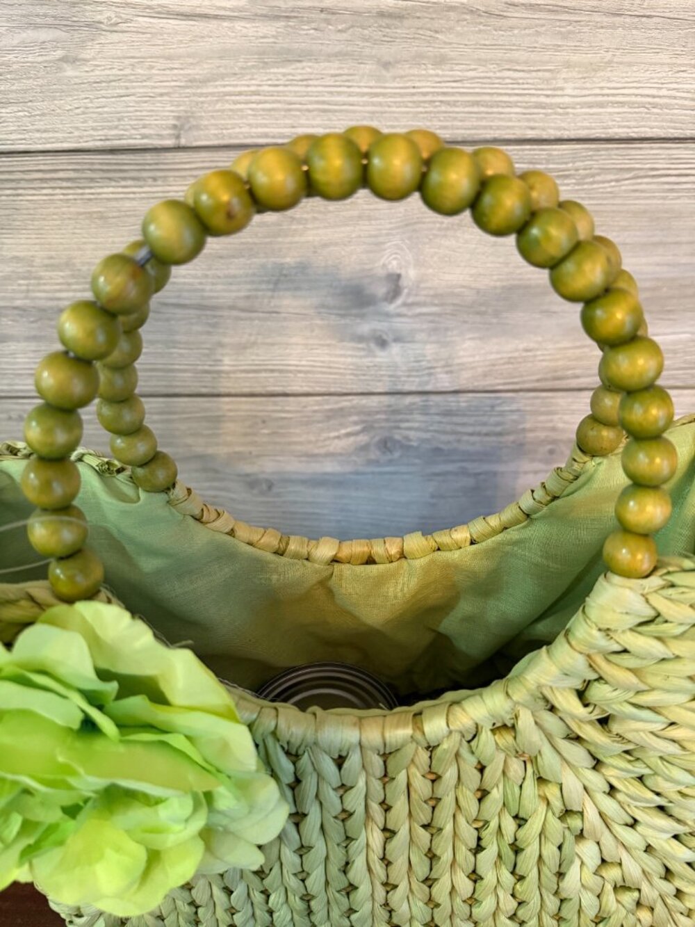 Alma Tonutti Handwoven Straw Bag Green Floral Beaded Handle Spring Easter Boho - Picture 4 of 8